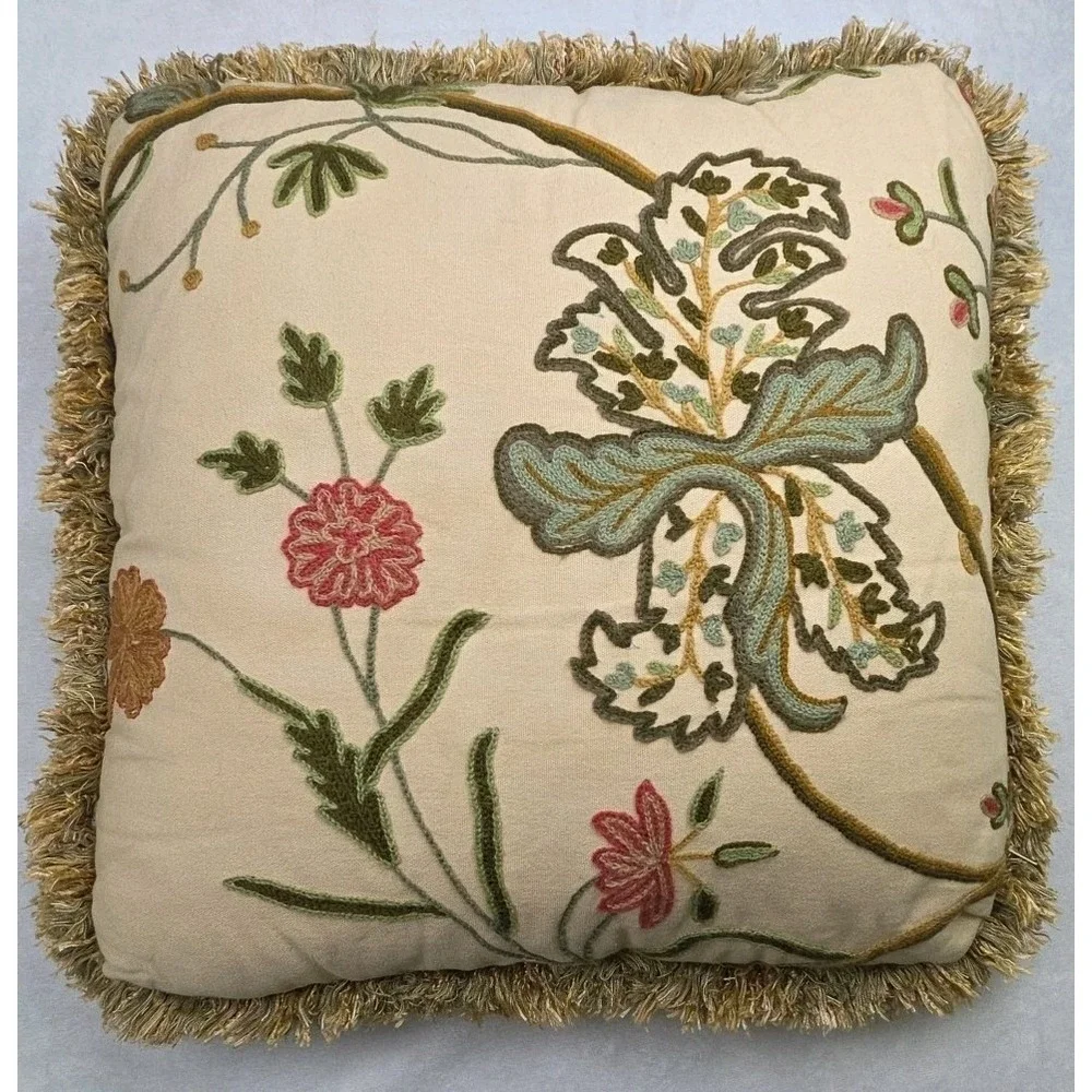 Crewel Embroidered‎ Pillow Fringe Jacobean French 20